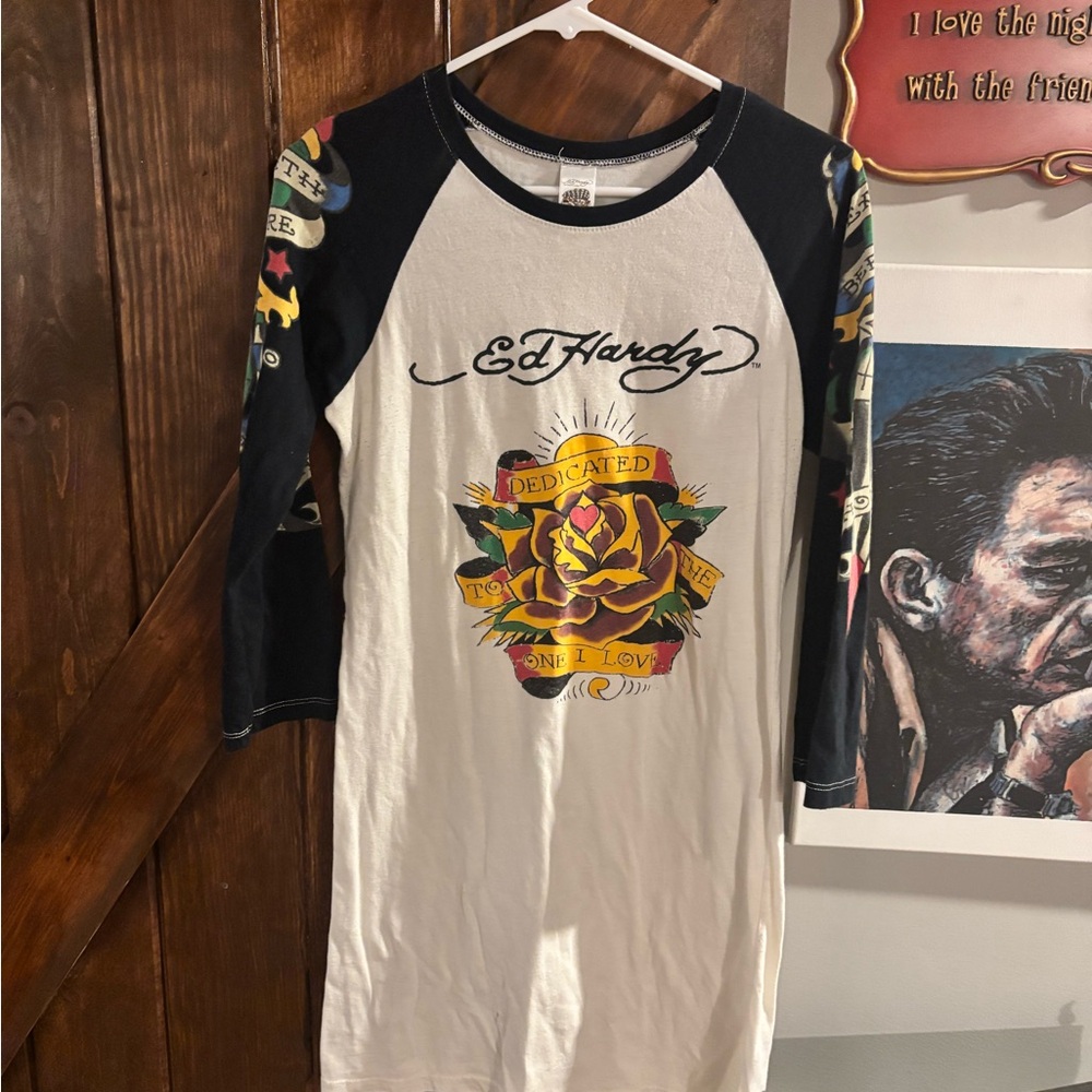 Don Ed Hardy Black and White Graphic Blouse